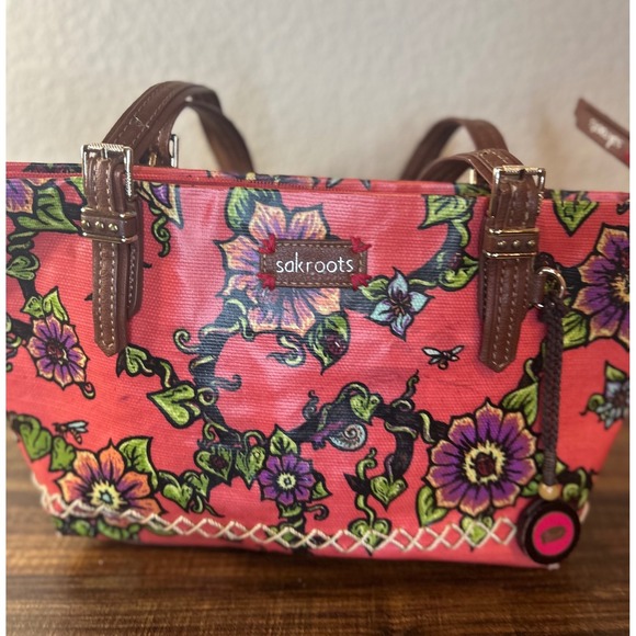 Sakroots Floral Tote Bag Coral Multi Color Leather Trim‎ Small Shoulder Bag - Picture 2 of 8